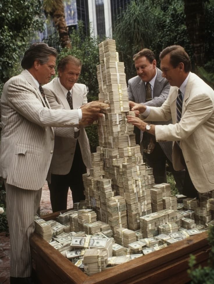 Four men in pale suits stacking bundles of cash into a tower